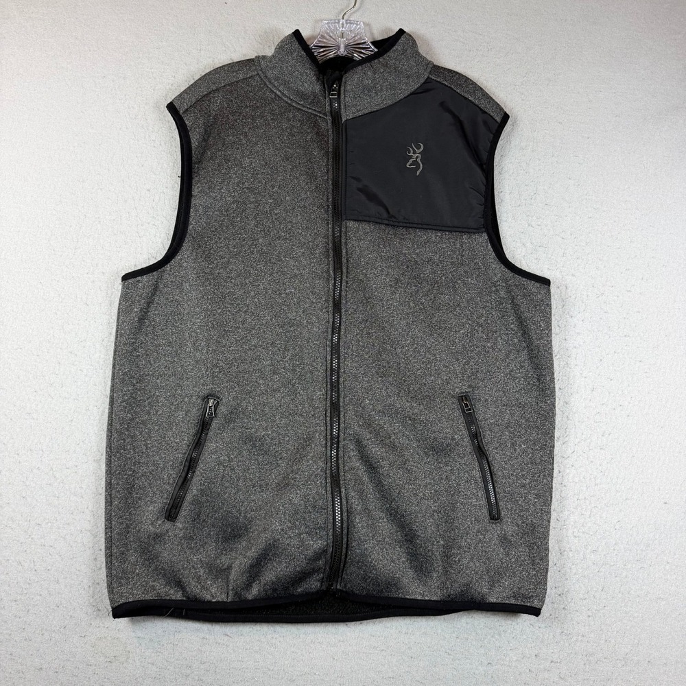 Browning Vest Mens Large Heathered Gray Black Buckmark Full Zip Fleece EUC